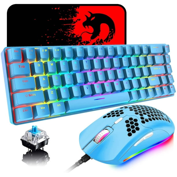 Mini clavier mécanique 60 %, clavier de jeu rétroéclairé bleu, 61 touches,  petit clavier filaire ultra compact avec commutateurs bleu/rouge, clavier