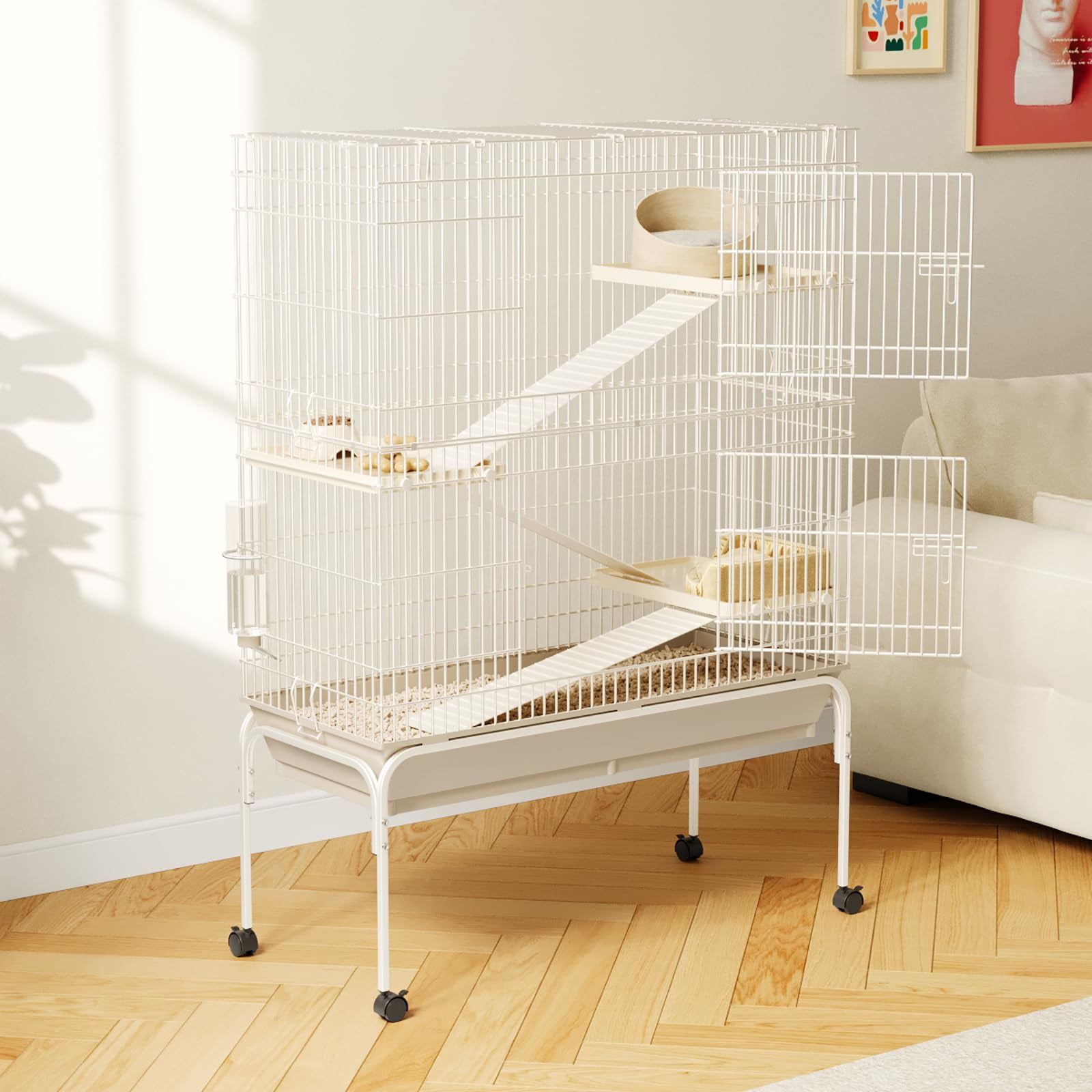 TEQIN 3 Tiers Small Animal Critter Cage,55" h Ferret Cage  with 3 Removable Ramps,Food Bowl, Water Bottle, Metal Small Animal Cages on Wheels for Chinchillas, Guinea Pigs, Rabbit, Sugar