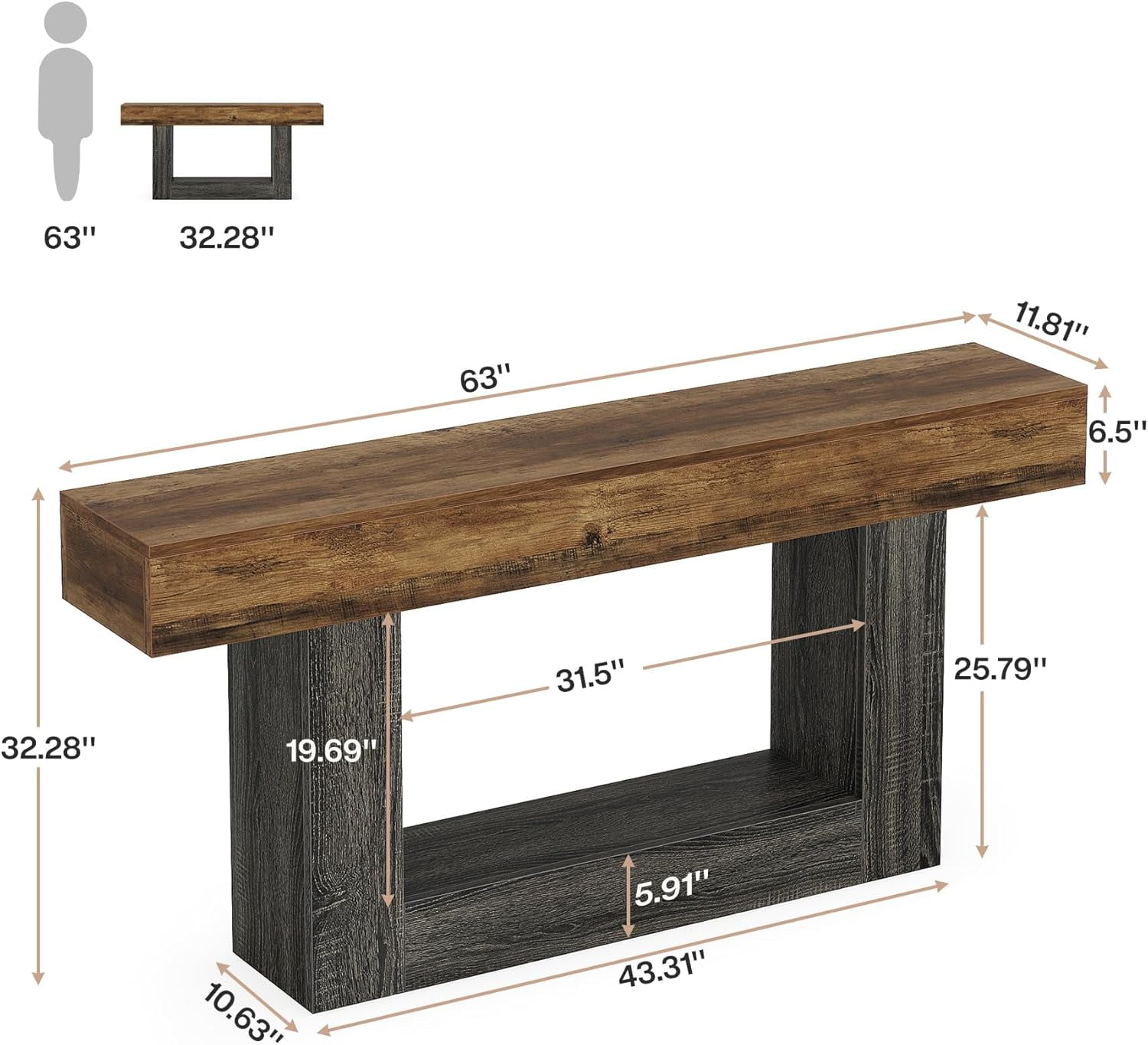 Tribesigns 63" Console Table, Farmhouse 2-Tier Entryway Table with U-Shaped Base
