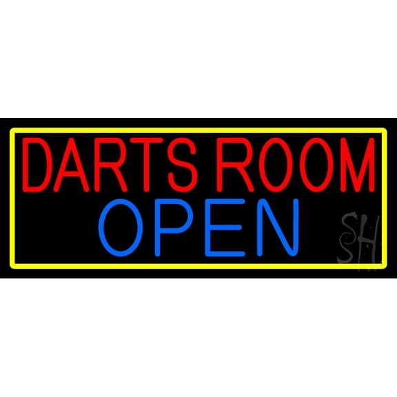 Darts Room Open With Yellow Border LED Neon Sign 13 x 32 - inches, Clear Edge Cut Acrylic Backing, with Dimmer - Bright and Premium built indoor LED Neon Sign for Bar decor.