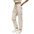 thumbnail image 1 of Pantalones informales de lino lisos para mujer con cintura elástica y cordón, 1 of 7
