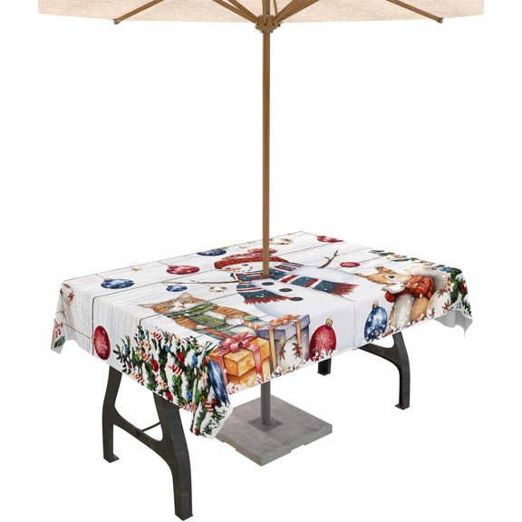 Retro Snowman Balls Christmas Outdoor Tablecloth - 60x120 Inch Rectangle Dining Table Cover, Xmas Tree Snowflake Waterproof Outdoor Table Cloth with Umbrella Hole & Zipper for Picnic/Patio