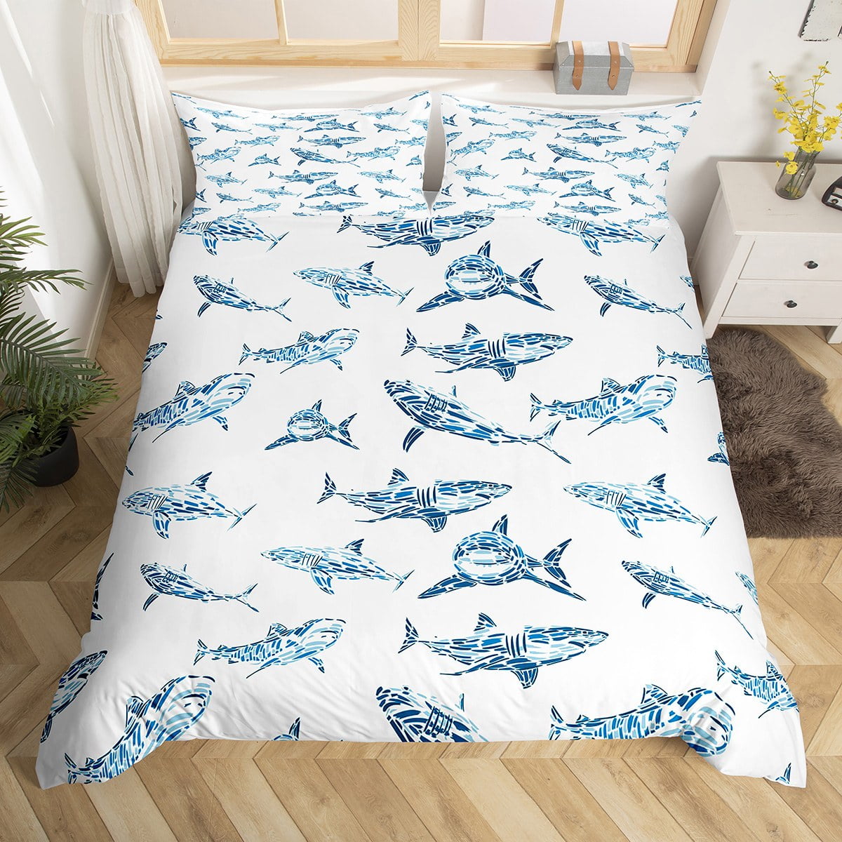 Shark Bedding Set Full Ocean Life Duvet Cover For Child Boys Blue