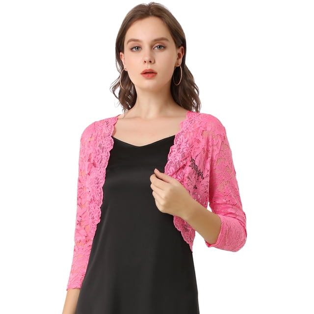 Cárdigan Allegra K Toreras Top De Encaje Floral Transparente Man3/4 Elegante PaMujer RoM