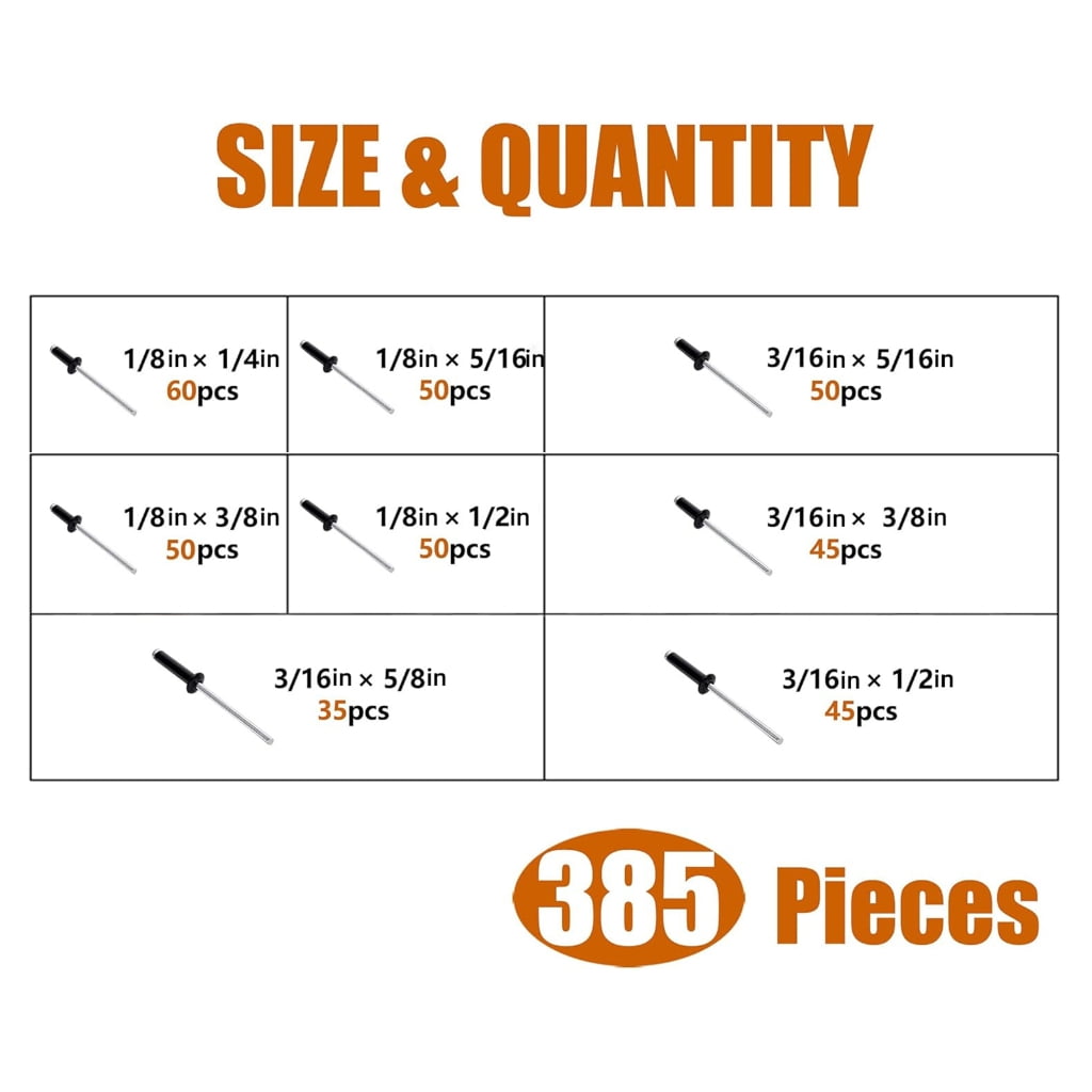 lanema Heavy Duty Metal Rivets with Box set Multiple Size Metal Rivets Assorted Set Simple Installs 385pc for Household Repairs