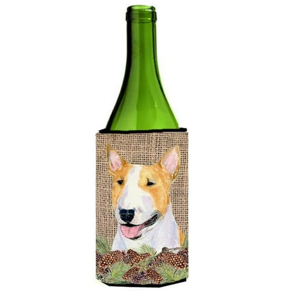 Bull Terrier on Faux Burlap with Pine Cones Wine bottle sleeve Hugger 24 oz.