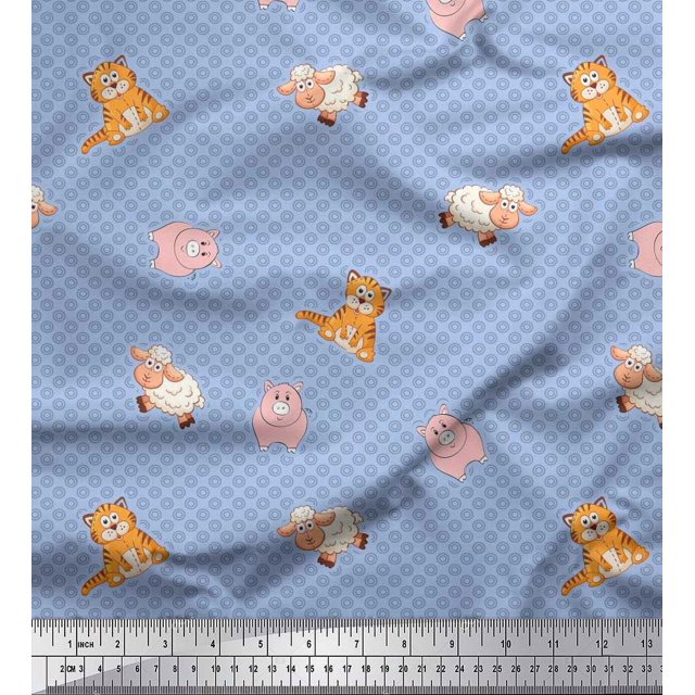 Soimoi Silk Fabric Circle,Pig & Sheep Kids Print Fabric by Yard 42 Inch Wide