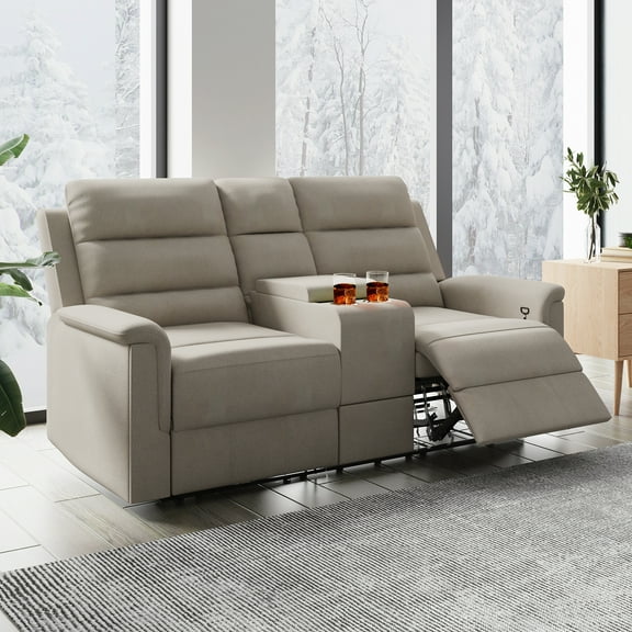 BALUS Faux Leather Loveseat Recliner Couch with Adjustable Backrest, Automatic Footrest Pad, Storage Console and Cup Holders, Upholstered Bonded Sofa, Easy Assembly, Beige