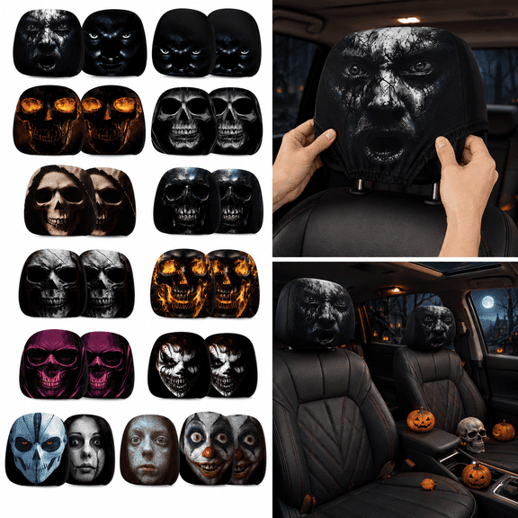 Ghost Face Headrest Covers for Cars, Spooky Halloween Head Rest Covers, 2 Pack Scary Ghost Face Car Accessories, Horror Style Stretch Seat Headrest Protector for SUV Truck Auto Interior, Style O