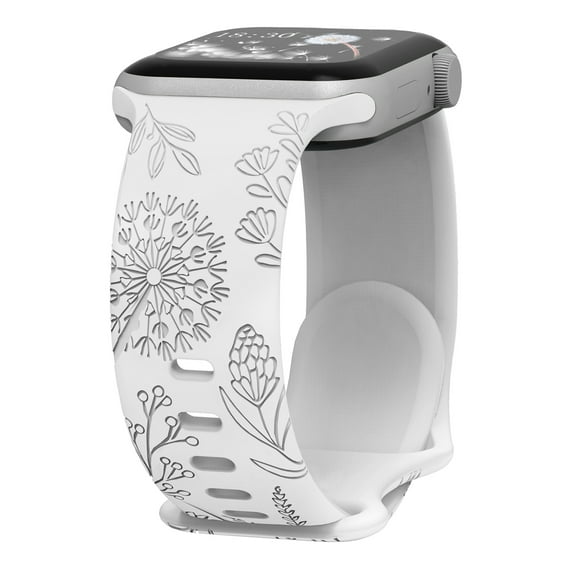 ELEHOLD Soft Silicone Floral Pattern Engraved Sport Women Strap Replacement Band Compatible for Apple iWatch Series SE/9/8/7/6/5/4/3/2/1 38/40/41mm,White