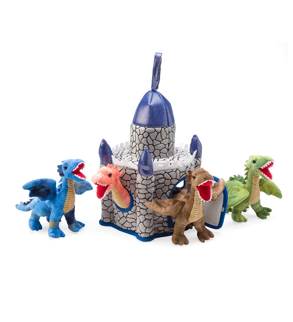 Portable Plush Dragon Fantasy Set with 4 Plush Dragons & Castle