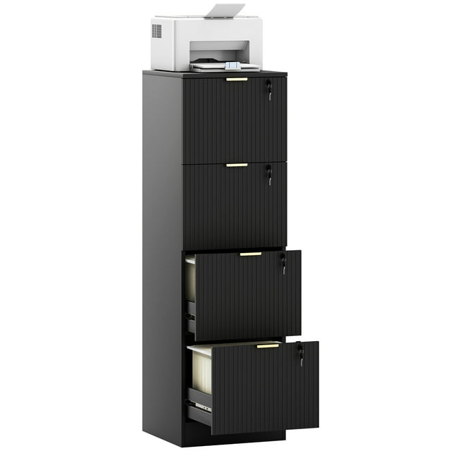 HOMCOM 4 Drawer File Cabinet Fluted Vertical Filing Cabinet with Lock Black