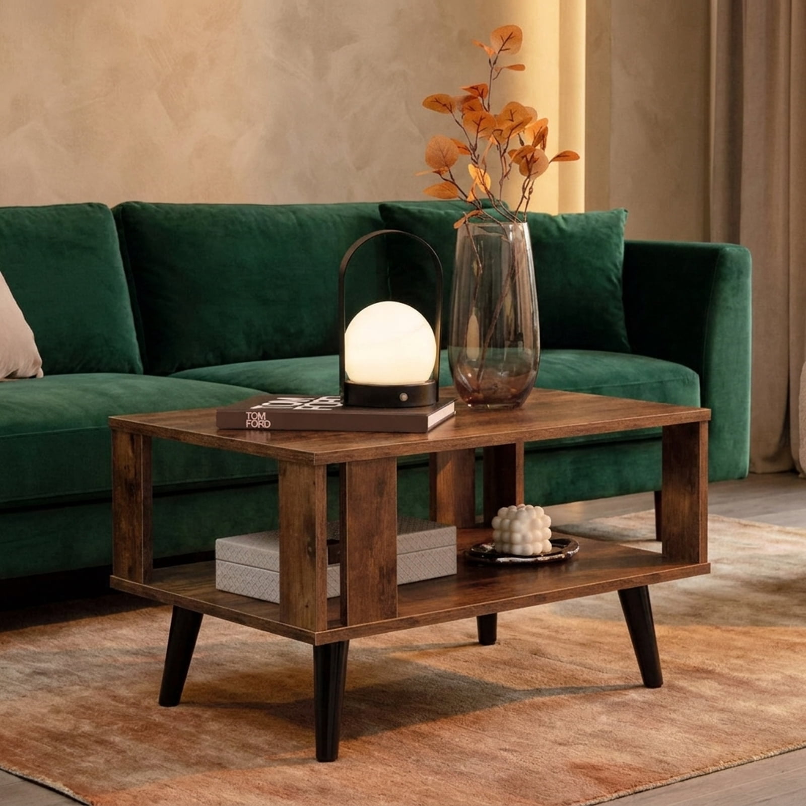Furnibear Compact Retro Mid-Century Coffee Table with Storage Open Shelf - Rustic Brown - Living Room Cocktail Center Table