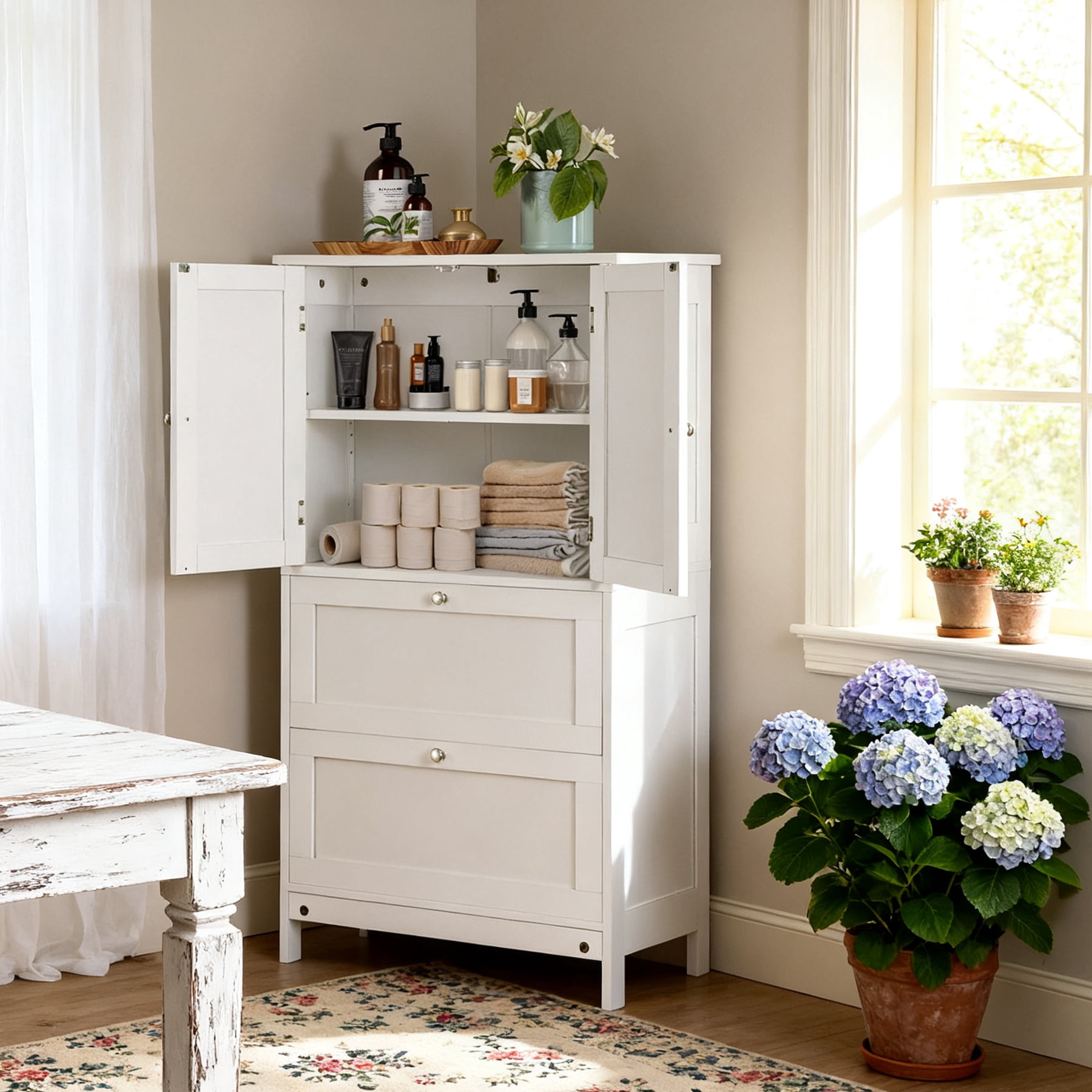 HomGarden 4-Tier White Bathroom Cabinet Adjustable Floor Storage Organizer W/2 Drawers & 2 Doors for Bathroom, Living Room, Kitchen