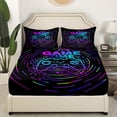 thumbnail image 3 of YST Blue Gaming Bed Sheets for Boys Girls Colorful Gamer Room Decor Gamepad Neon Sign Full Size Sheet Sets,Rainbow Circle Geometric Sheets Game Controller Flat Sheet 4pcs,Black, 3 of 6