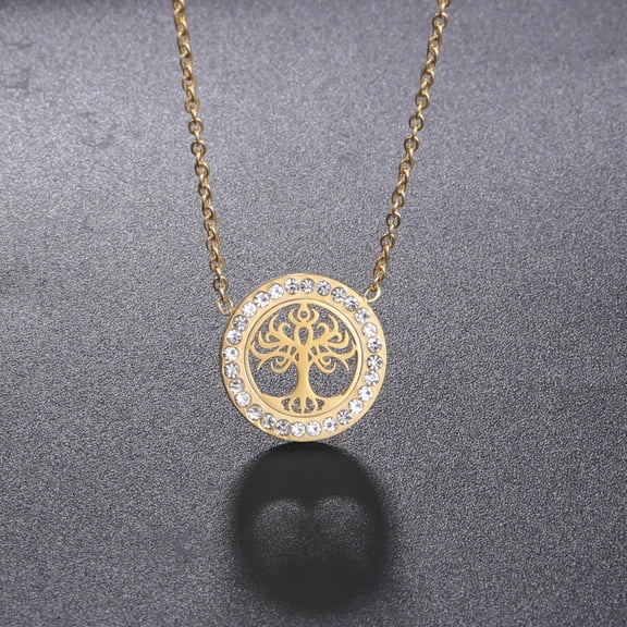 TEAMER Gold Tree of Life Necklace Crystal Round Hollow Pendant Necklace Women Trendy Chokers Jewelry Gifts