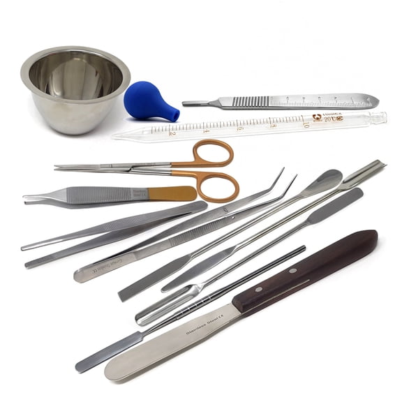 12 Pcs Lab Multipurpose Kit With Micro Scoop Spoon Spatulas, Tweezers, Pipette and a Mixing Bowl - Stainless Steel Science Students Kit