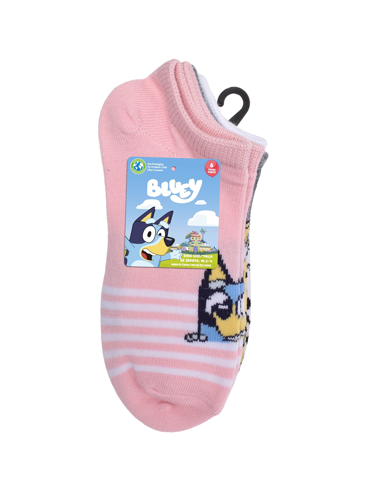 Bluey Girls No Show Socks, 6-Pack, Sizes S-L (4-10.5)