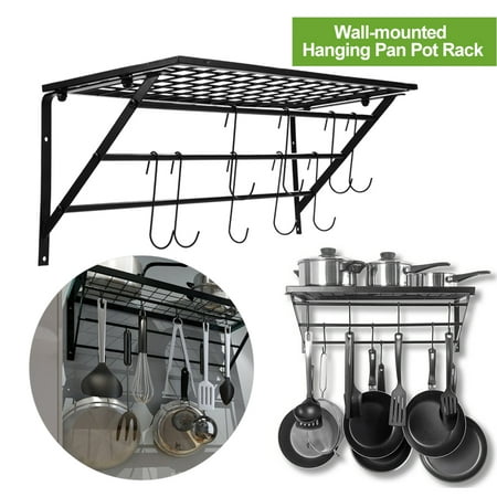 Filfeel Pot Rack,Hanging Pan Rack,Black Metal Hanging Pan Pot Rack Wall Mounted with 10 Hooks Kitchen Storage