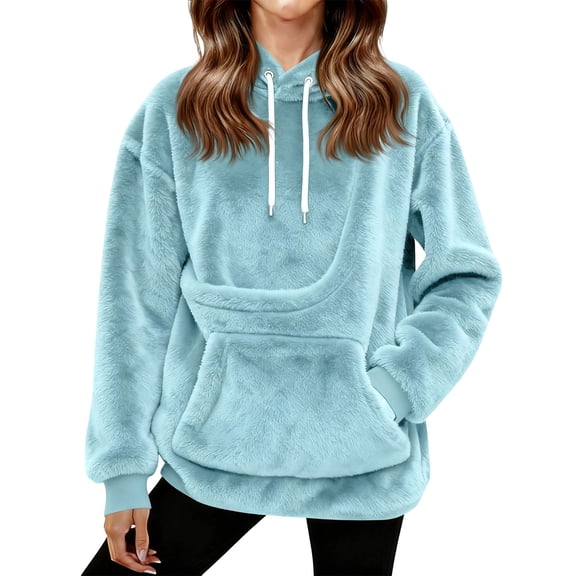 Women's Fashion Oversized Hooded Sweatshirt Long Sleeve Solid Color Fleece Pullover with Pocket and Drawstring Hood Casual Loose-Fit Top for Pet-Carrying Soft Tops