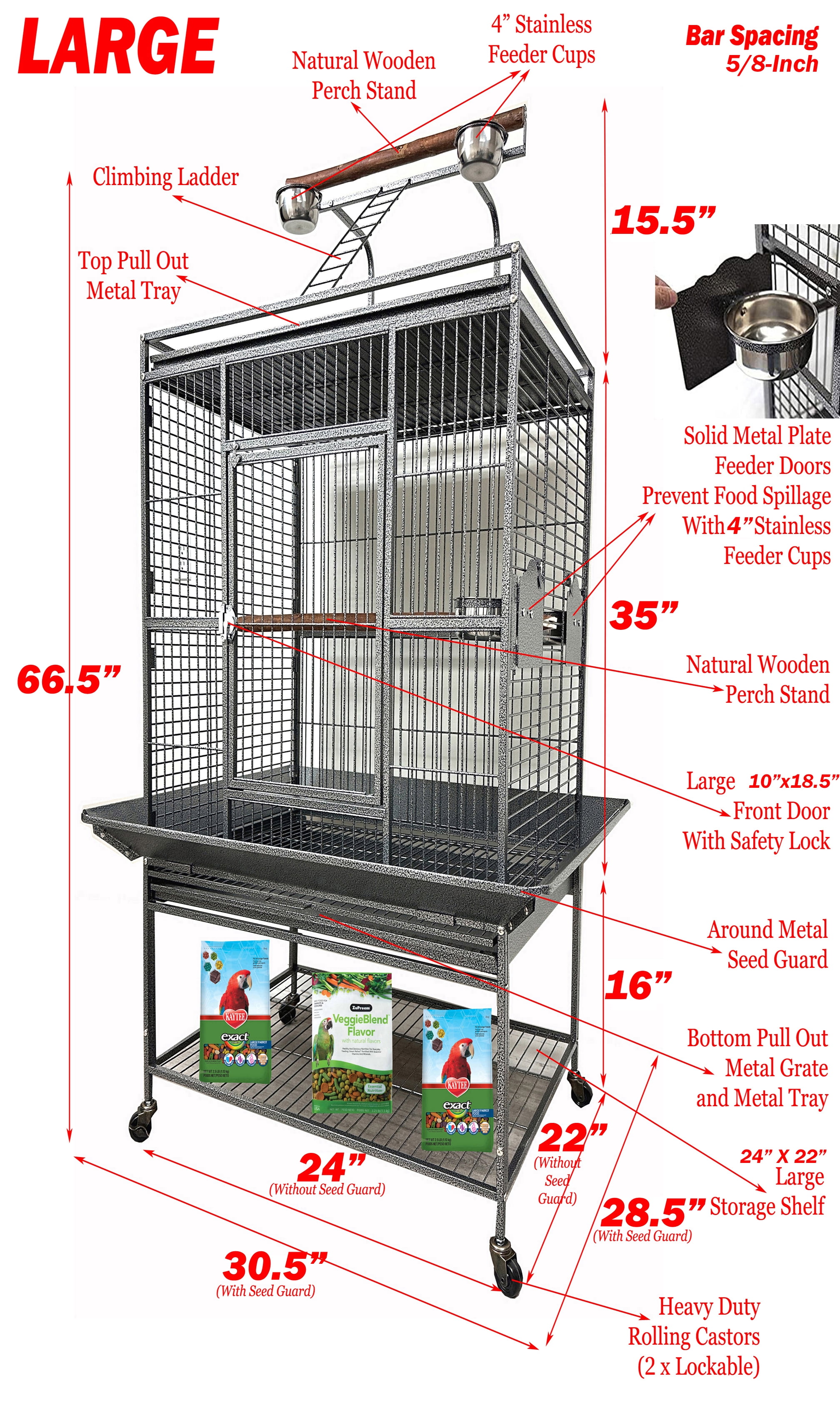 Large Elegant Wrought Iron Play Perch Stand Ladder Ground Top Bird Parrot Rolling Metal Cage, Include Stainless Feed Cups Natural Wooden Stand Perch Seed Guard