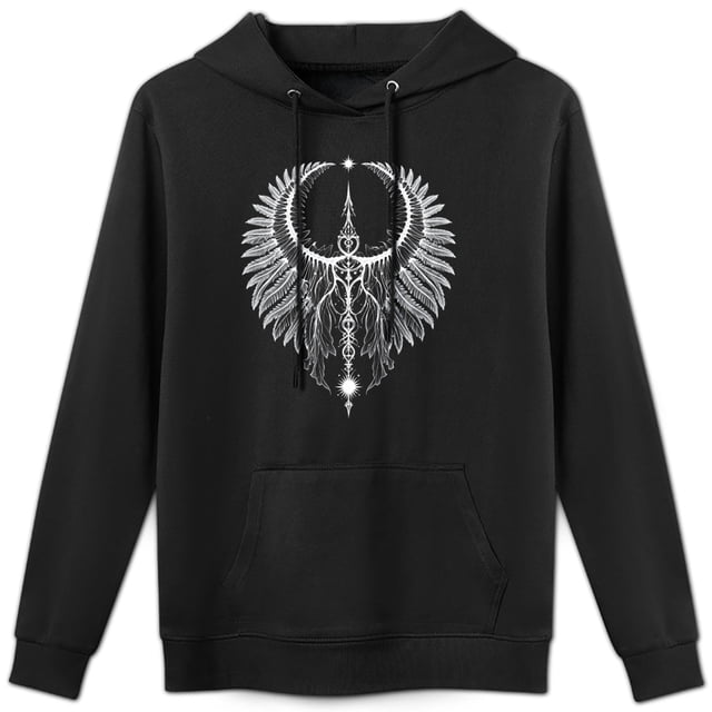 Sudadera con capucha unisex tendencia mística, estampado de alas y símbolos lunares, cómoda y elegante para salidas informales