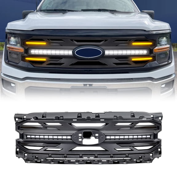 AMERICAN MODIFIED Armor Grille w/LED DRL Turn Signal Lights Amber Lamps & Emblem Hole Matte Black ABS For 2024 Ford F150 Tremor