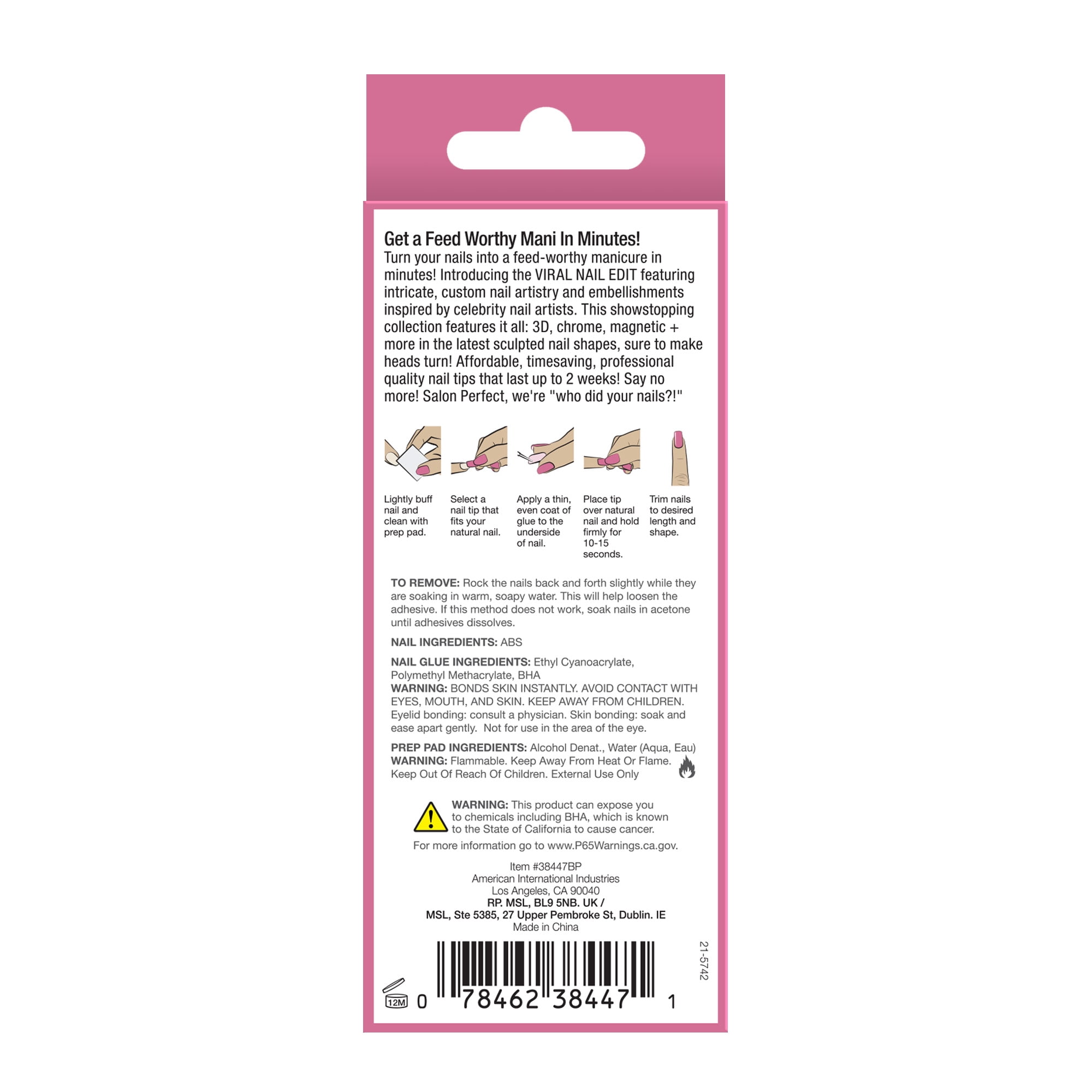 Salon Perfect Artificial Fake Press On Nails, 310 Viral Nail Edit, Magnetic Heart, Long Coffin, File, Glue, and Prep Pad Included, 30 Nails