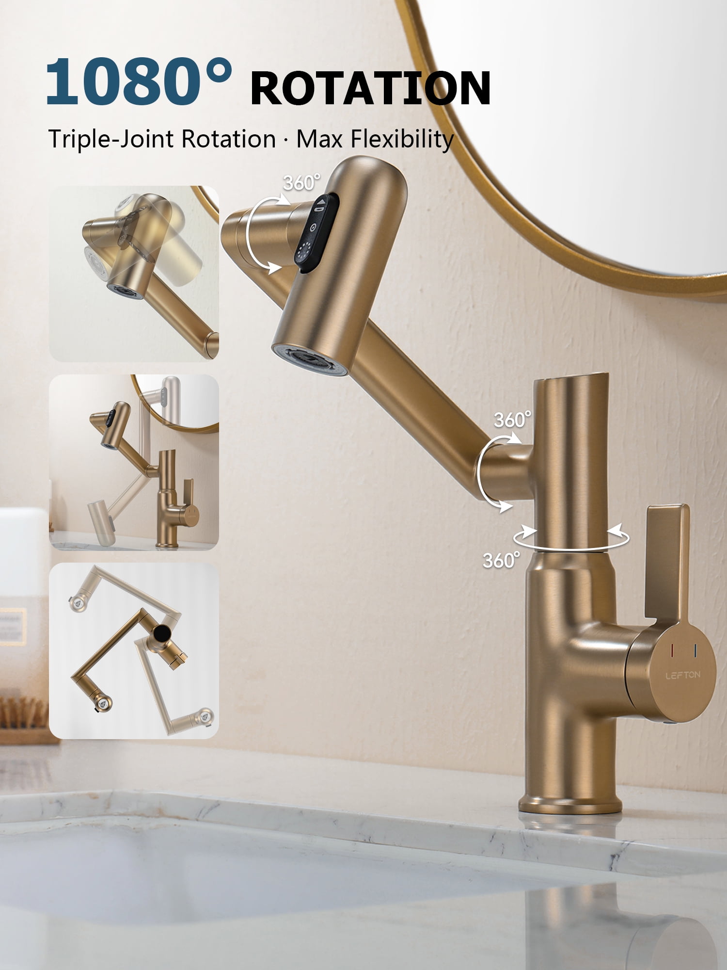Lefton Rotatable Bathroom Faucet with Temperature Display in Fahrenheit (Batteries-Free), 3 Water Outlet Modes, Brushed Brass, BF2204-7