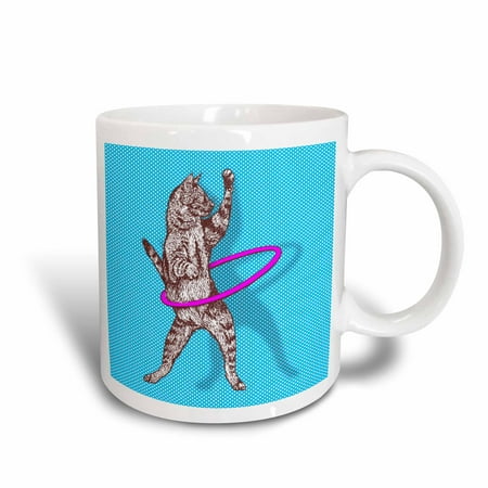 

3dRose Funky Cat Playing With Pink Hula Hoop over Blue Polka dots - Ceramic Mug 15-ounce