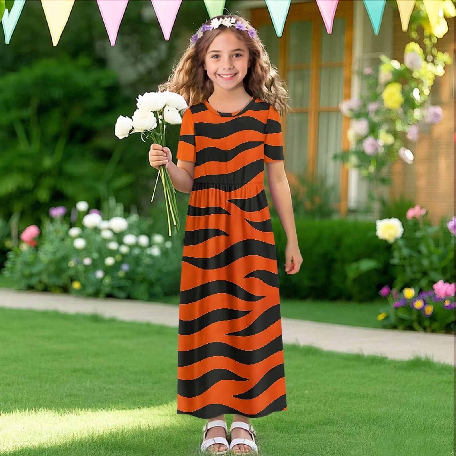 Uourmeti Girls Casual Dresses Swing Tiger Stripes Printed Short Sleeve Loose Maxi Dresses for Birthday Party, Kindergarten, Daily Wear, Size 7-8 Years