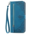 thumbnail image 3 of SaniMore Case for iPhone 13 6.1" 2021, PU Leather Zipper Wallet Detachable Lanyard Retro Embossed Flower Crad Slots Flip Kickstand Full Body Protective Drop-proof Case for iPhone 13, Blue, 3 of 8