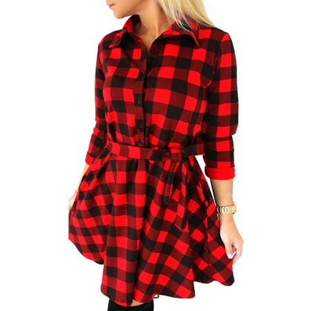 MAXSUN Casual Women Flannel 3/4 Sleeve Plaid Shirt Dress Lapel Button Flared