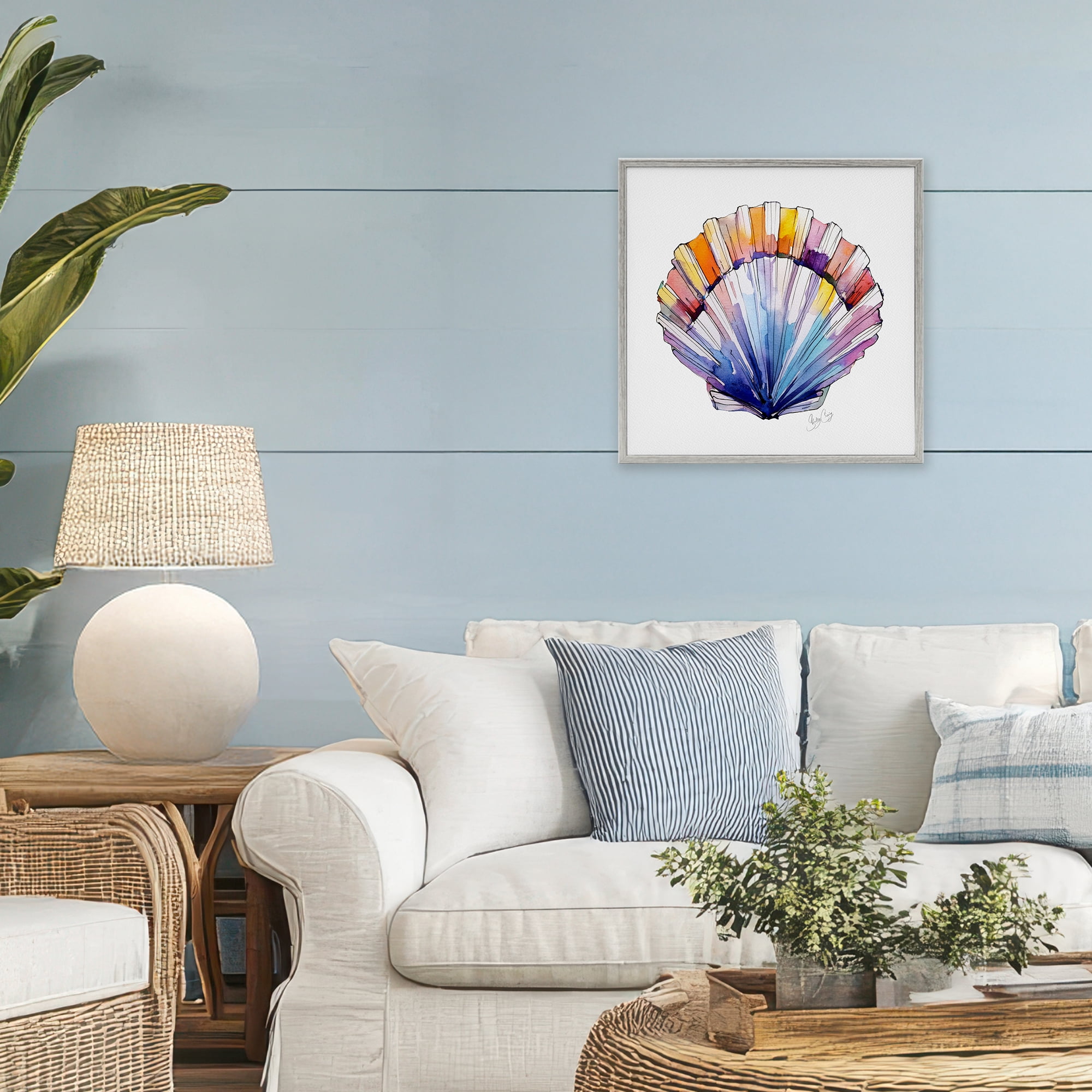 Stupell Industries Coastal Scallop Watercolor Gray Framed Giclee Art, design by Shelly Craig