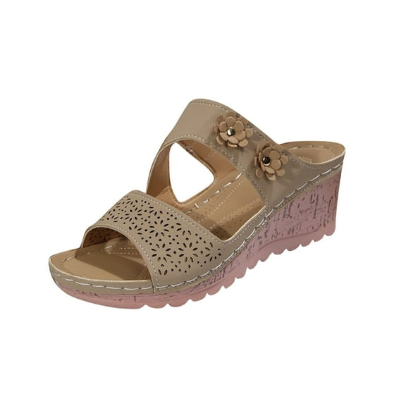 Women's Summer Casual Sandals Comfortable Wedge Platform Height Increasing Slip On Floral Decor Sandals Wide Fit Lightweight Outdoor Walking Sandals