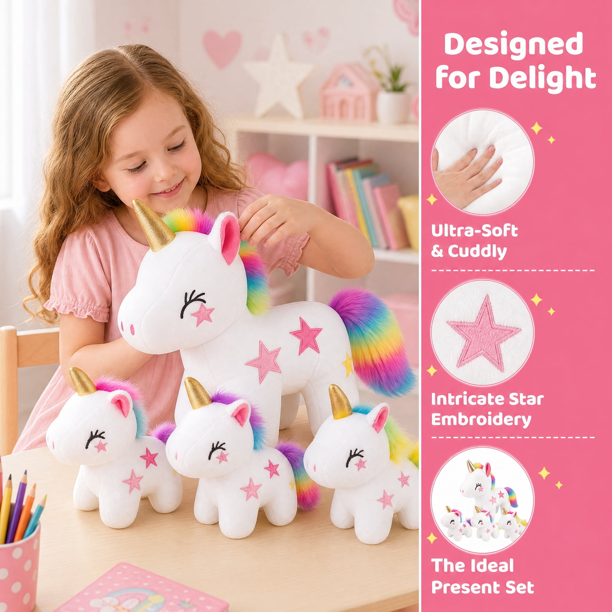 11.8inch Unicorn Stuffed Animals PlaySet- Unicorn Doll Toy Gifts for Girls - Stuffed Mommy Unicorn with 3 Baby Plush Unicorns