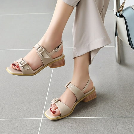 

absuyy Women s Heeled Sandals- Thick Heels Fashion Low Heel Faux Leather Casual New Style Summer Sandals #399 Khaki-9.5