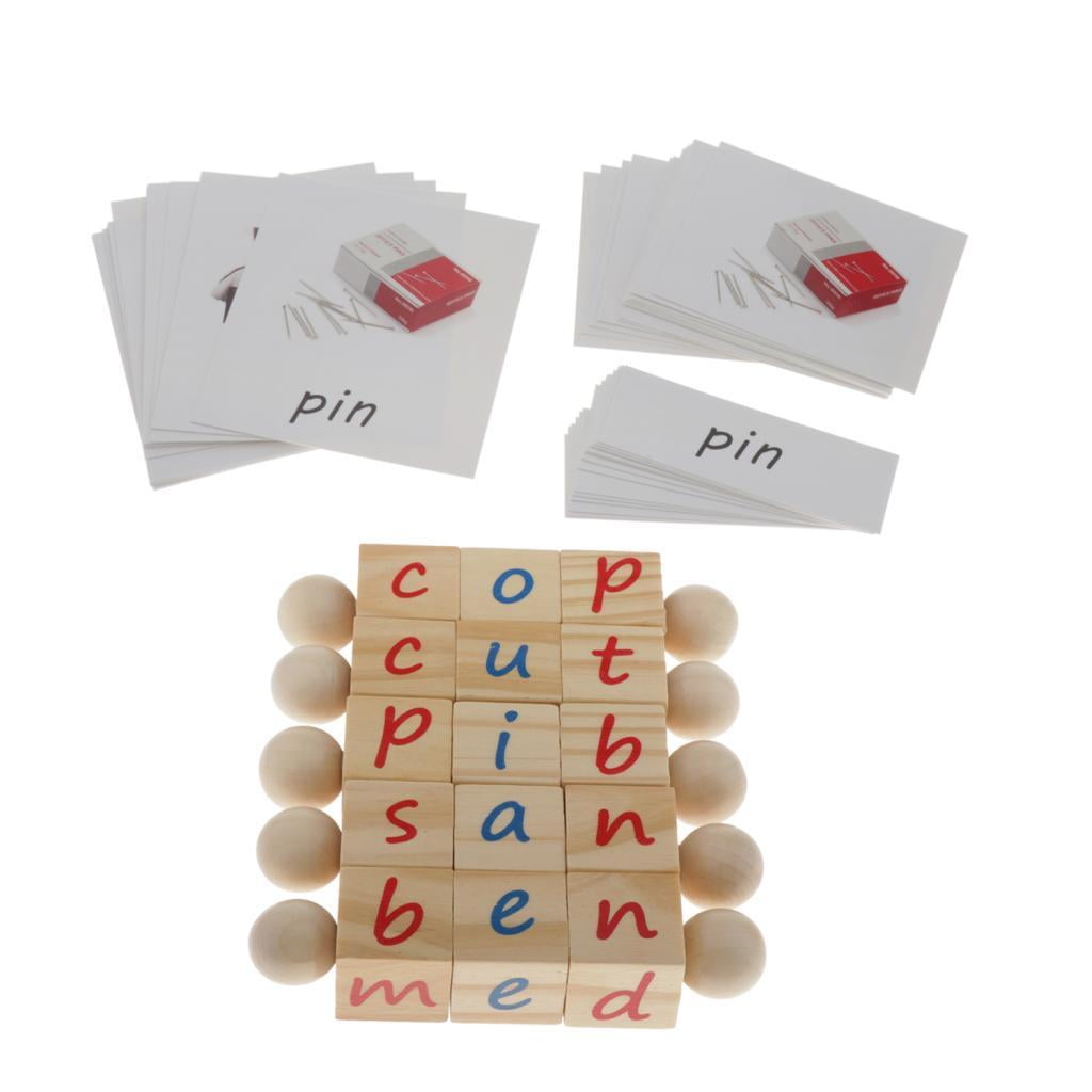 Montessori Phonetic Reading Blocks With Flash Cards - Real Wood Spelling Toy For Kids Learning CVC Words