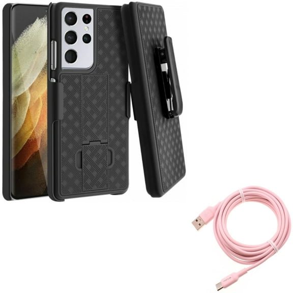 10ft Long USB-C Cable w Case Belt Clip for Samsung Galaxy S21 Ultra - Pink Charger Cord Power Wire, Holster Swivel Cover