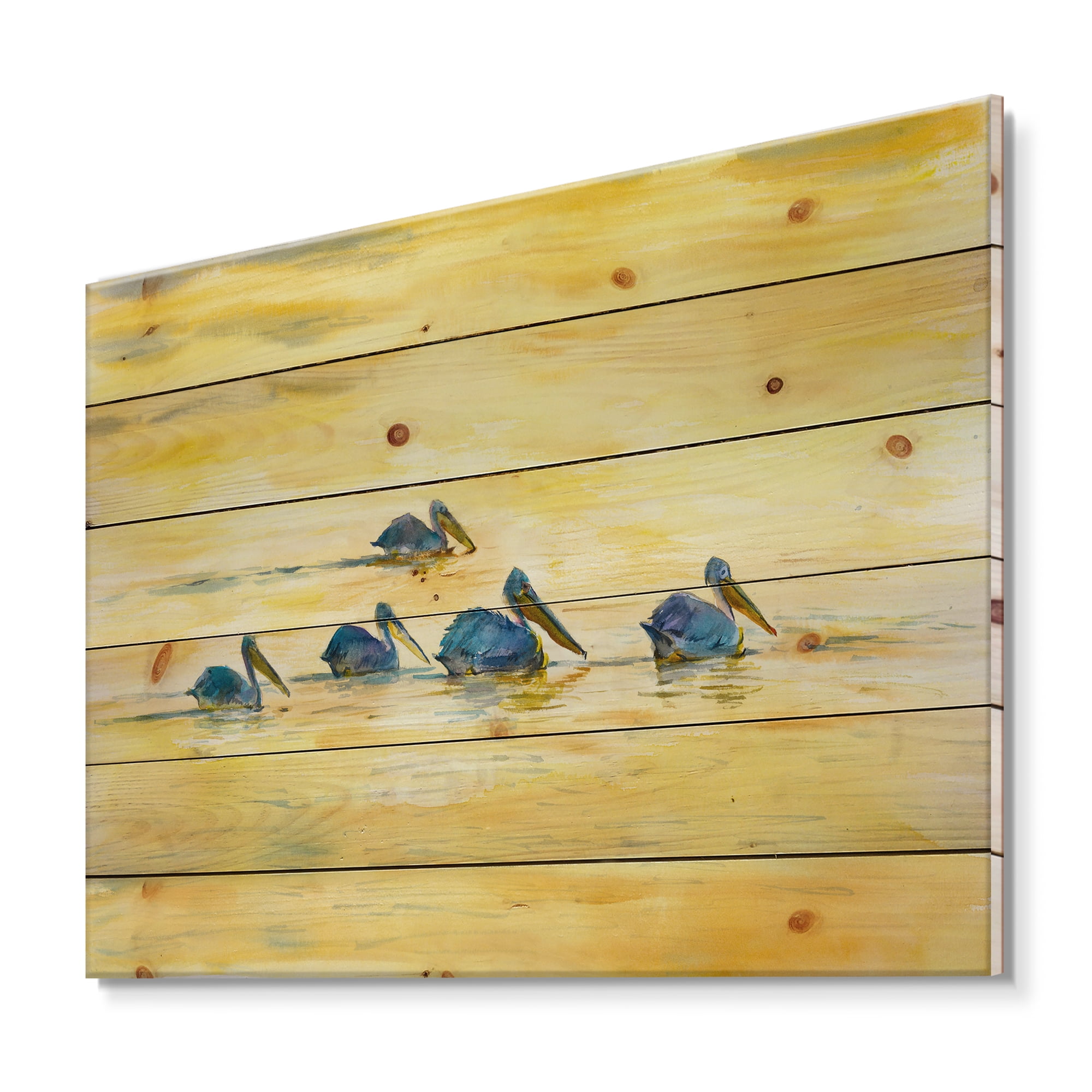 Designart 'Pelicans Birds On The Yellow River' Farmhouse Print on Natural Pine Wood