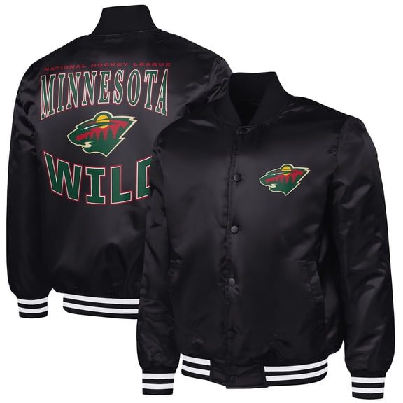 Men's G-III Sports by Carl Banks Black Minnesota Wild Adaptive Bold Logo Satin Full-Snap Varsity Jacket