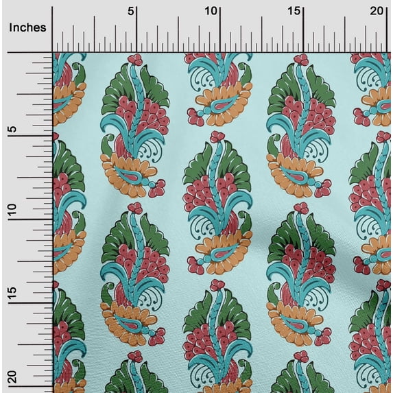 oneOone Cotton Jersey Baby Blue Fabric Leaves & Paisley Block Quilting Supplies Printed Sewing Fabric By The Yard 58 Inches Wide
