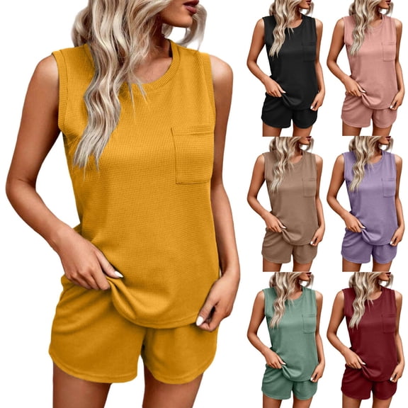 Bovxnpu Women 2 Piece Loungewear Set Beach Vacation Sweatsuit Tracksuit Set Women's Sleeveless Top & Shorts Round Neck Fall Casual Outfit Summer Outfits