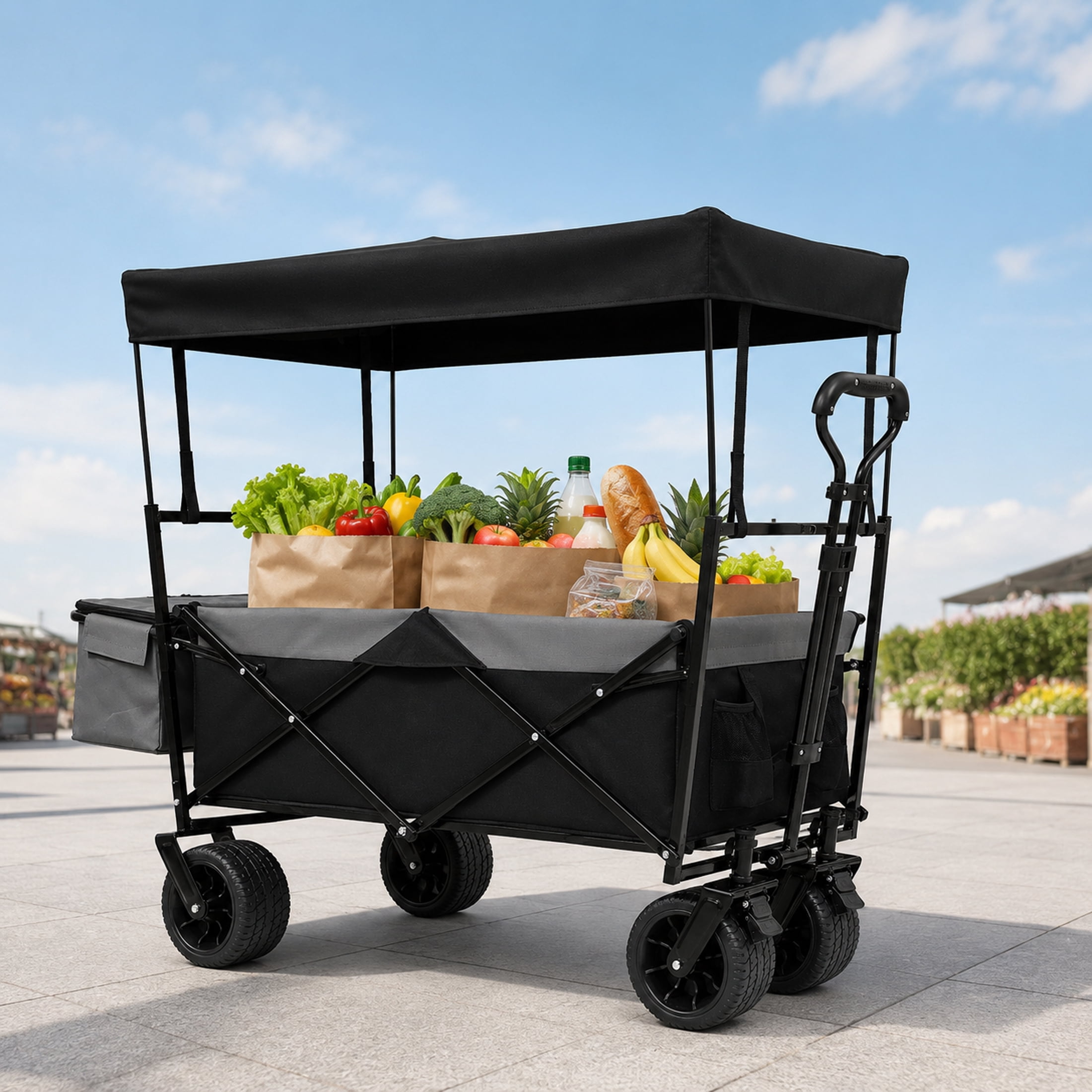 Heavy Duty Folding Wagon with Canopy, 480 lbs Collapsible Wagon Stroller with Mosquito Net, 7"x4" All-Terrain Wheels for Camping, Garden, Black