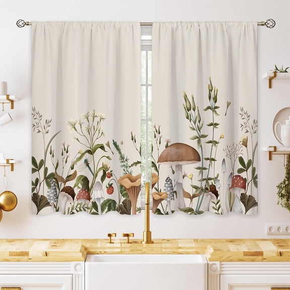 Vintage Mushroom Small Kitchen Curtains Leaves Botanical Window Treatment Rustic Mushroom Cafe Short Window Curtains for Bathroom Dining Laundry Room Beige Tier Treatment Drapes 26x36 inch