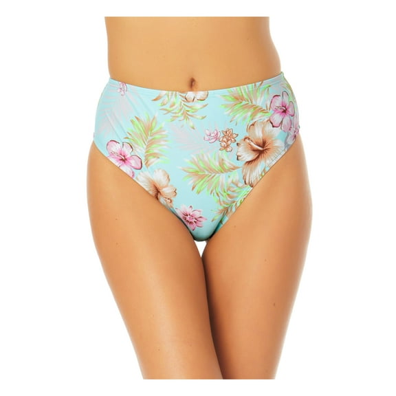 CALIFORNIA SUNSHINE Women's Aqua Tropical Print Stretch Mid-Rise Lined Bikini Moderate Coverage High Leg Swimsuit Bottom M