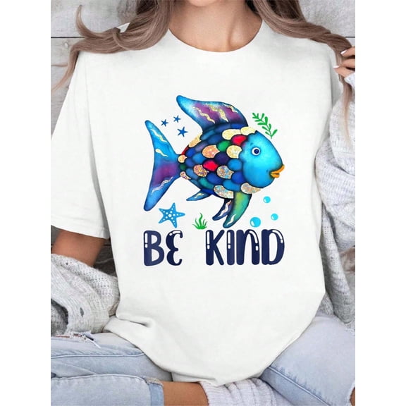 Women's Tshirt Summer Clothes Be Kind Rainbow Fish Teacher Life Teacher Back To School T-Shirt Summer Outfits For Women Print Crew Neck T-Shirt, Women Graphic T Shirts, Casual Shor