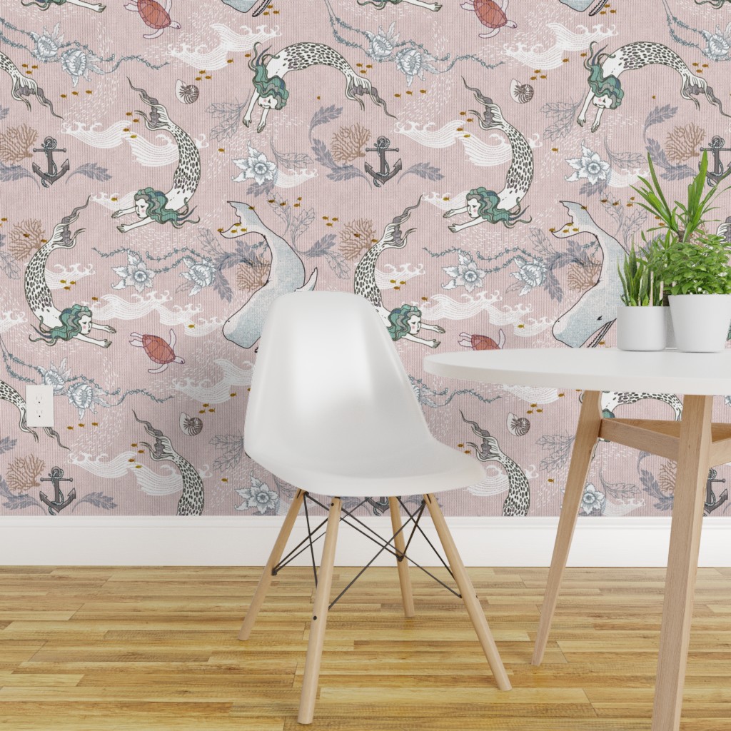 Peel-and-Stick Removable Wallpaper Underwater Garden Mermaid Ocean Pink