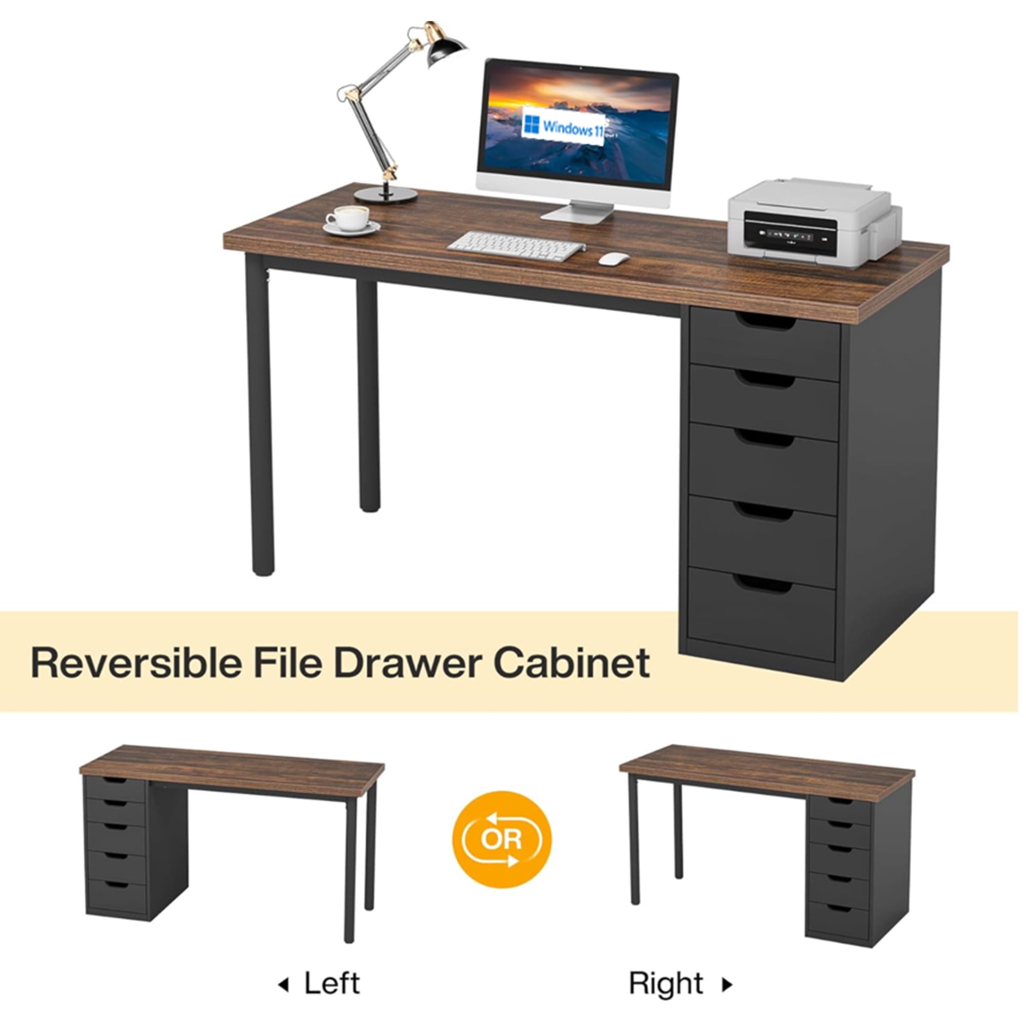 KIOOTTO 47" Computer Desk with 5 Drawers, Reversible Storage Cabinet and Compact Home Office Workstation, Brown