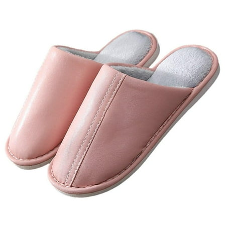 

[BRAND] Clearance!Winter PU Leather Female Slippers for Home Use Thick-soled Warm Non-slip Couple Cotton Shoes Woman Candy Color Waterproof Slides